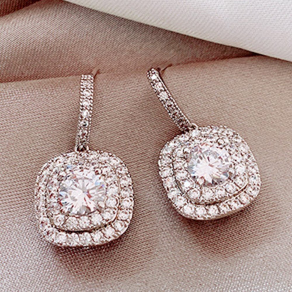 🔥 White CZ Geometric Shape Diamond Luxury Drop Earring for Women, HA4525